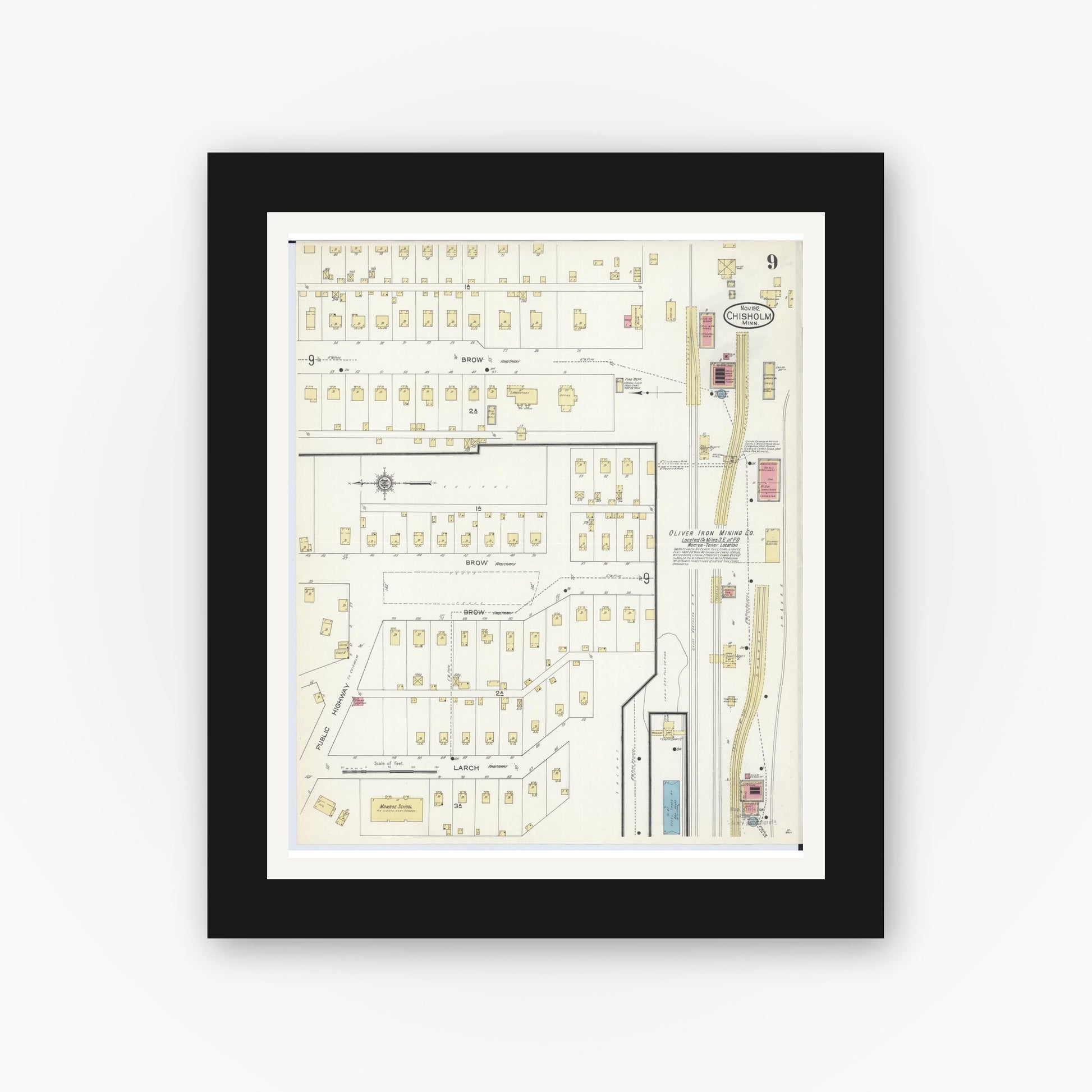 Old map wall art mockup — black gallery frame with white mat — Sanborn Fire Insurance Map from Chisholm, Saint Louis County, Minnesota (1912), Sheet #0009