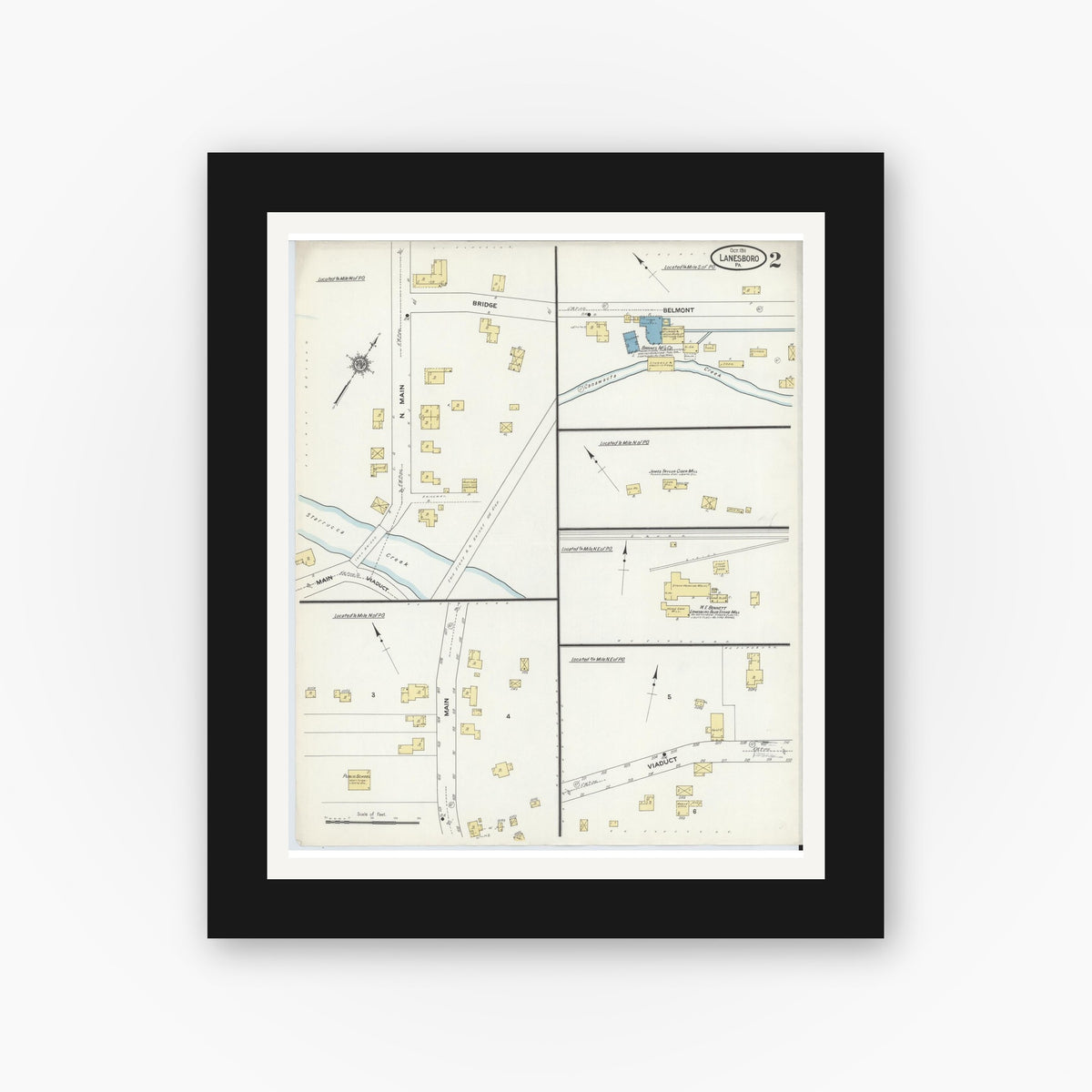 Old map wall art mockup — black gallery frame with white mat — Sanborn Fire Insurance Map from Lanesboro, Susquehanna County, Pennsylvania (1911), Sheet #0002