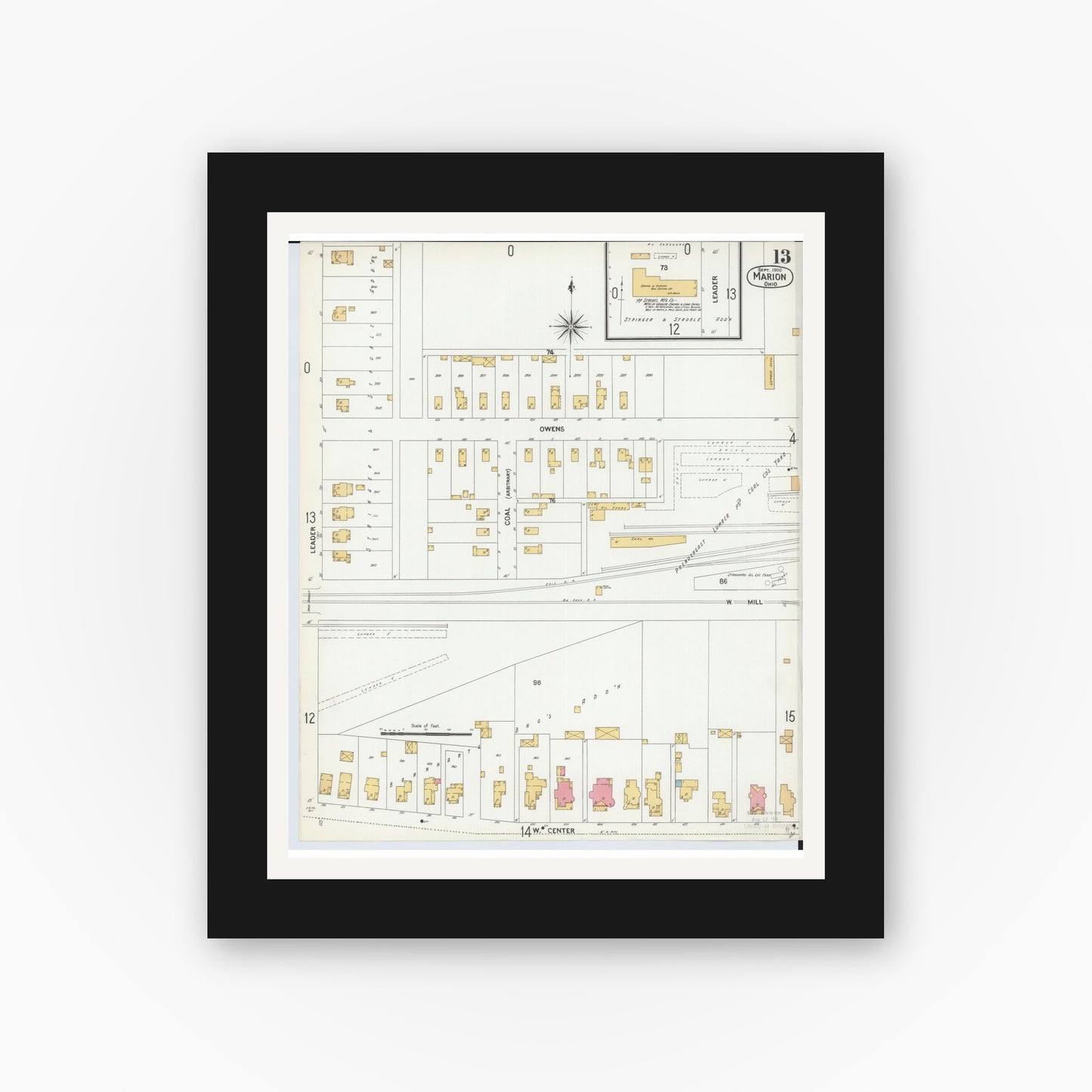 Old map wall art mockup — black gallery frame with white mat — Sanborn Fire Insurance Map from Marion, Marion County, Ohio (1900), Sheet #0013