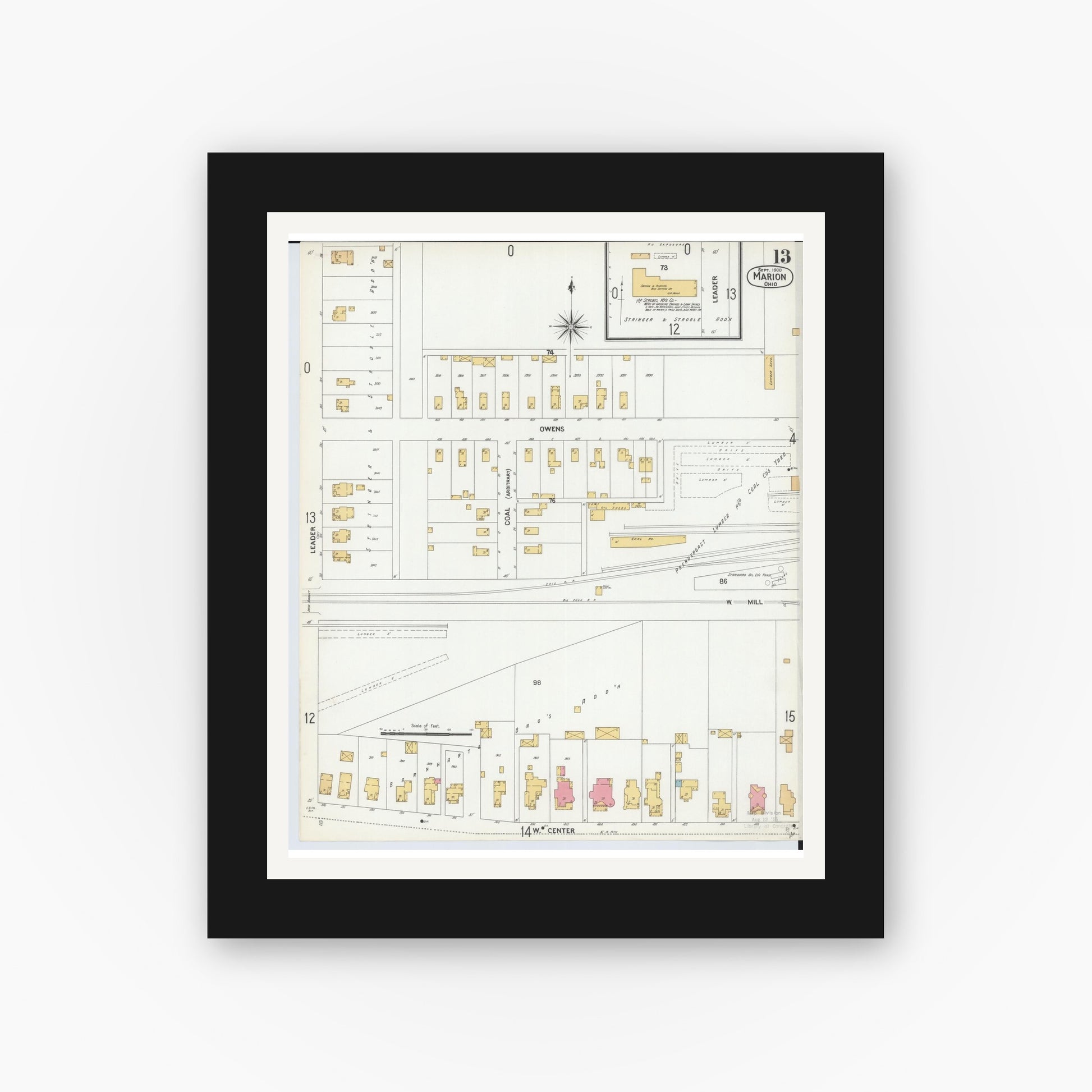 Old map wall art mockup — black gallery frame with white mat — Sanborn Fire Insurance Map from Marion, Marion County, Ohio (1900), Sheet #0013