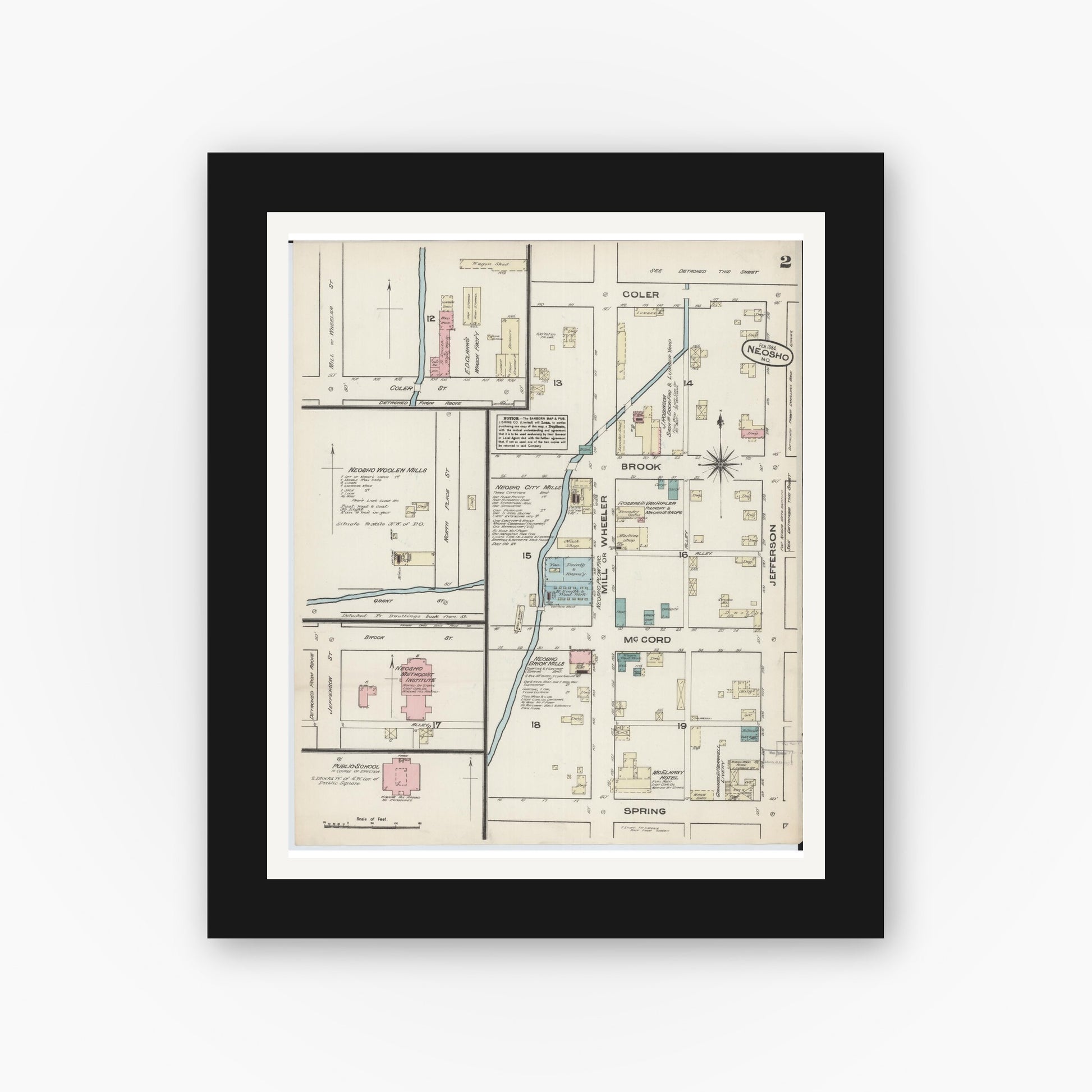 Old map wall art mockup — black gallery frame with white mat — Sanborn Fire Insurance Map from Neosho, Newton County, Missouri (1884), Sheet #0002