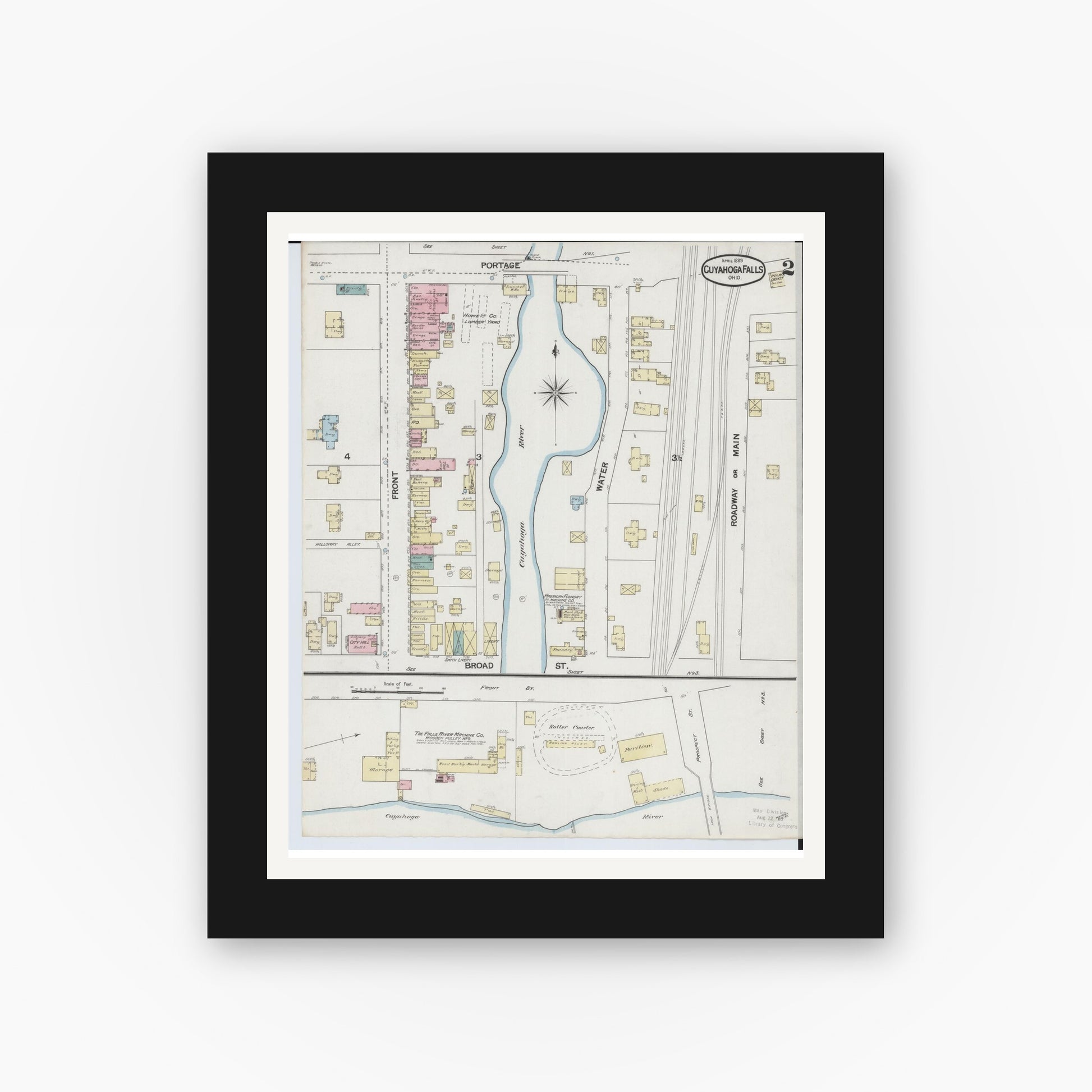 Old map wall art mockup — black gallery frame with white mat — Sanborn Fire Insurance Map from Cuyahoga Falls, Summit County, Ohio (1889), Sheet #0002