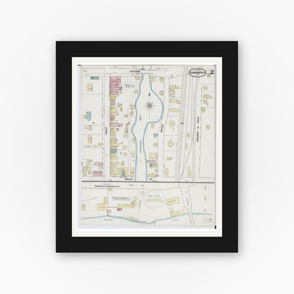 Old map wall art mockup — black gallery frame with white mat — Sanborn Fire Insurance Map from Cuyahoga Falls, Summit County, Ohio (1889), Sheet #0002