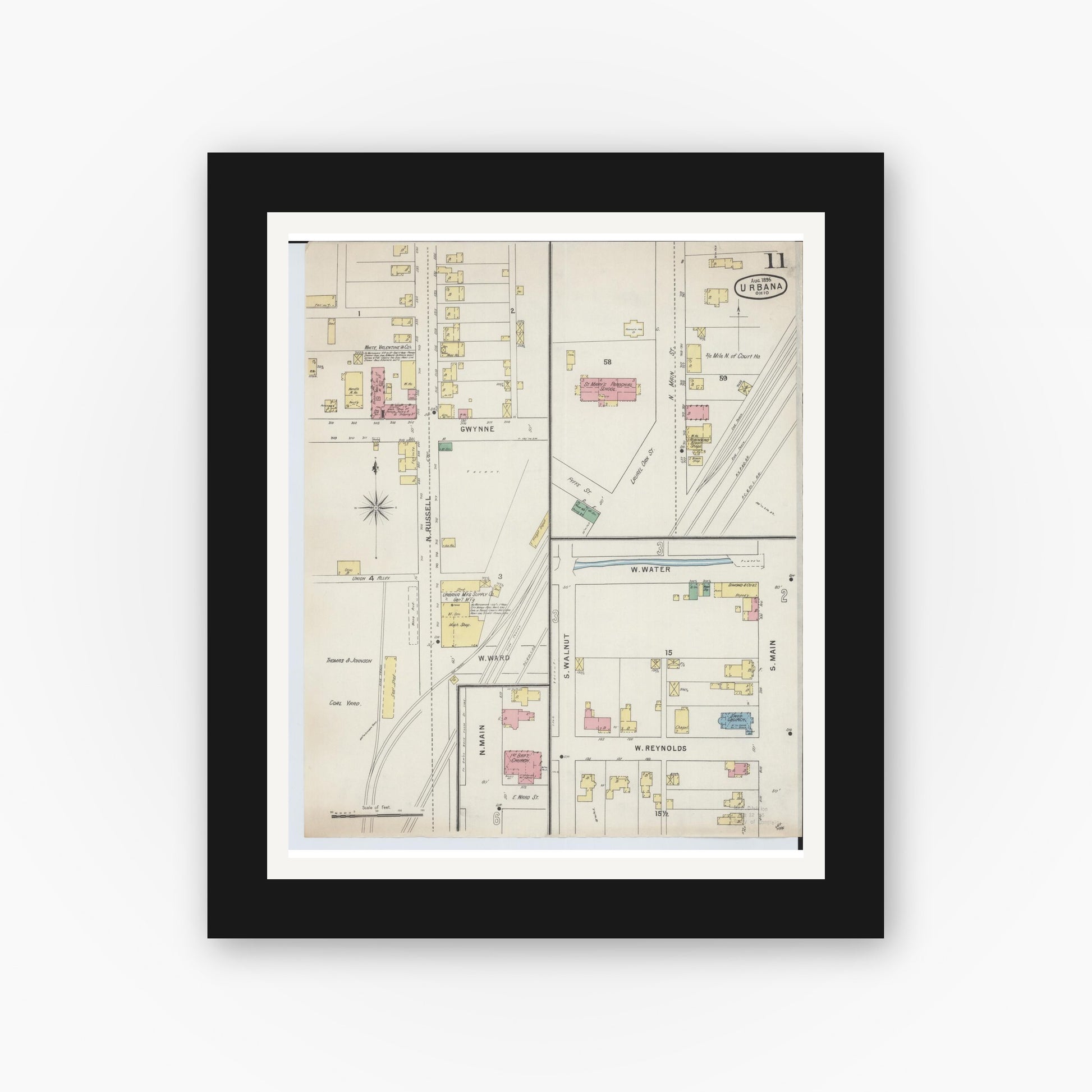 Old map wall art mockup — black gallery frame with white mat — Sanborn Fire Insurance Map from Urbana, Champaign County, Ohio (1895), Sheet #0011