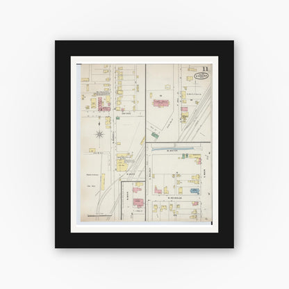 Old map wall art mockup — black gallery frame with white mat — Sanborn Fire Insurance Map from Urbana, Champaign County, Ohio (1895), Sheet #0011