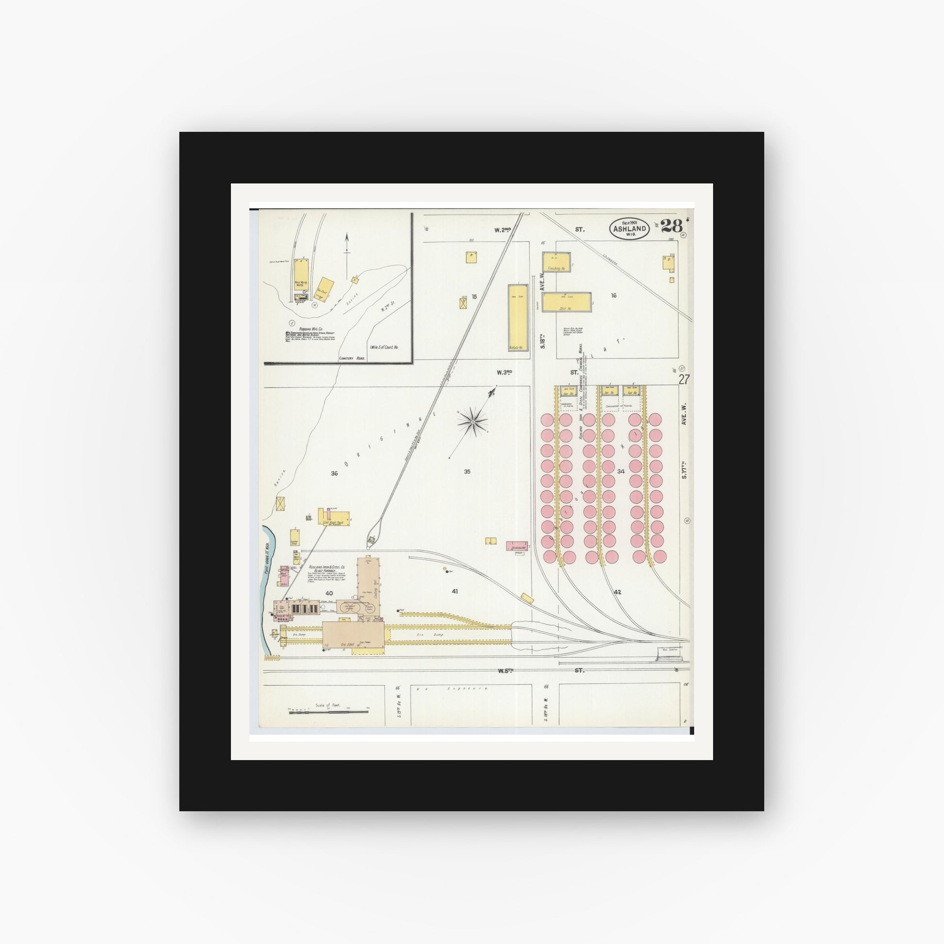 Old map wall art mockup — black gallery frame with white mat — Sanborn Fire Insurance Map from Ashland, Ashland County, Wisconsin (1901), Sheet #0028