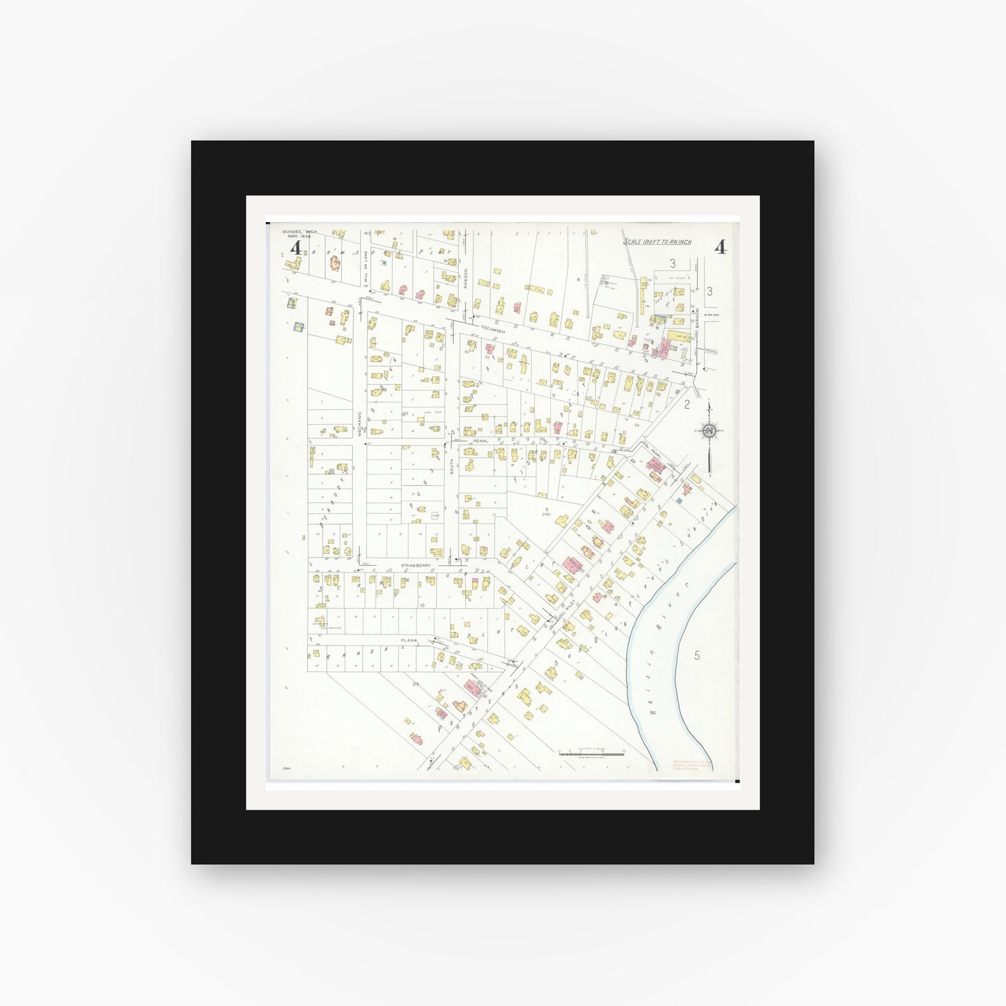Old map wall art mockup — black gallery frame with white mat — Sanborn Fire Insurance Map from Dundee, Monroe County, Michigan (1938), Sheet #0004
