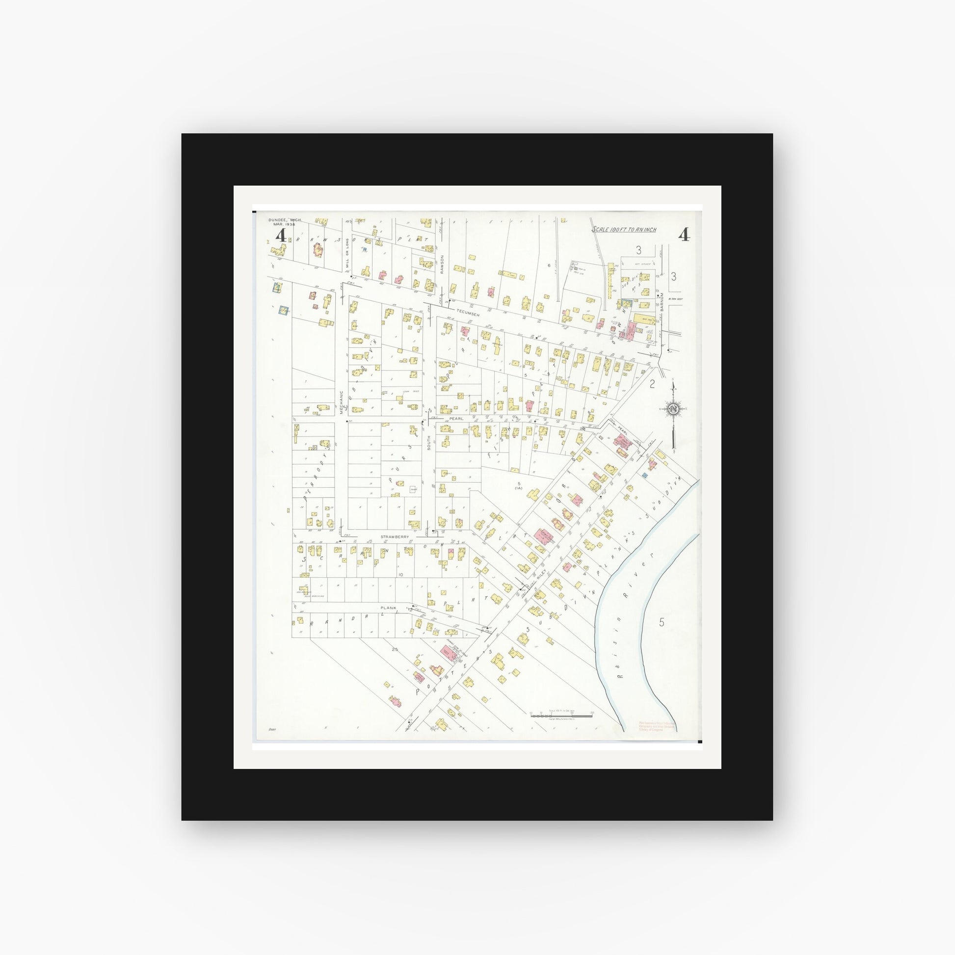 Old map wall art mockup — black gallery frame with white mat — Sanborn Fire Insurance Map from Dundee, Monroe County, Michigan (1938), Sheet #0004