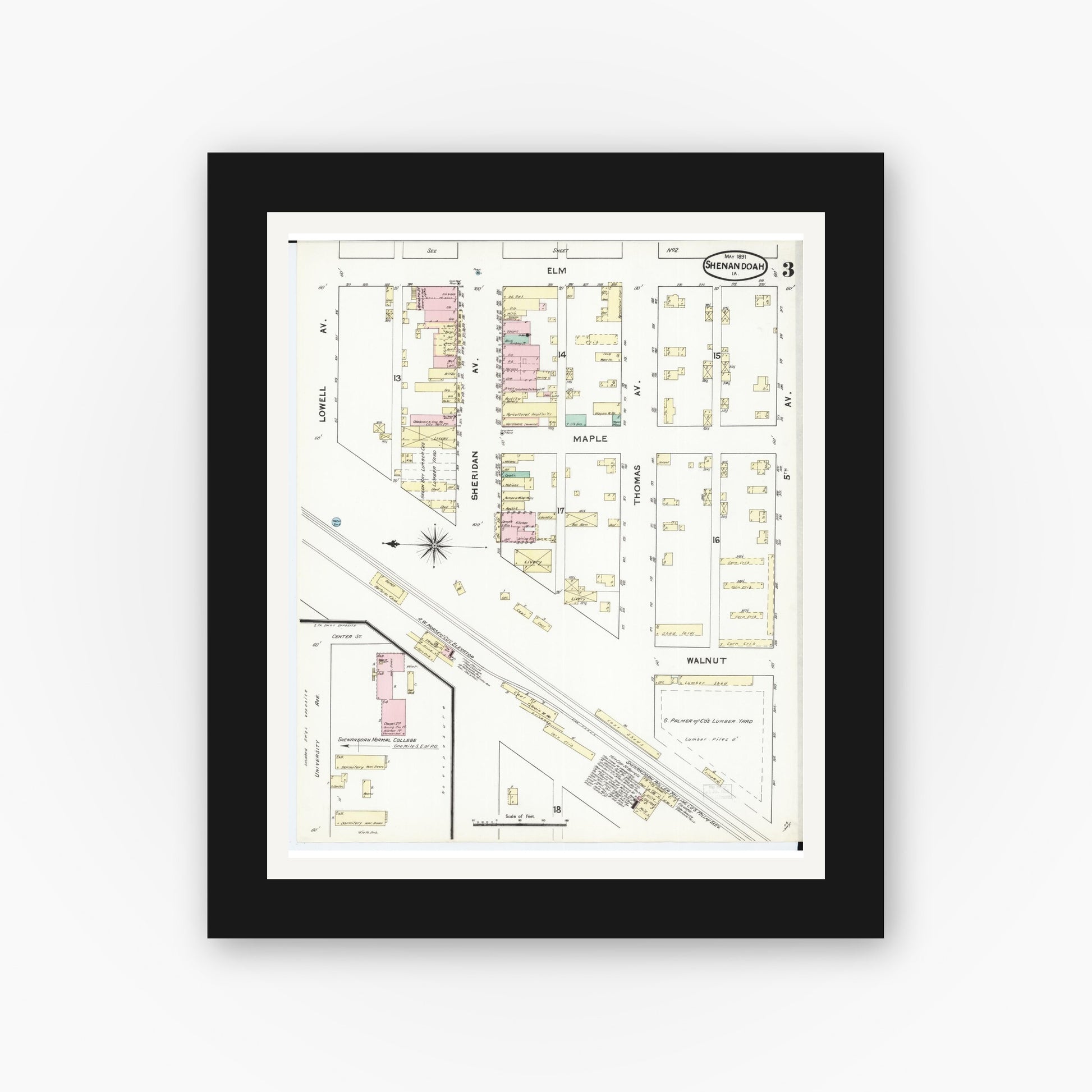 Old map wall art mockup — black gallery frame with white mat — Sanborn Fire Insurance Map from Shenandoah, Page County, Iowa (1891), Sheet #0003