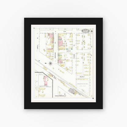 Old map wall art mockup — black gallery frame with white mat — Sanborn Fire Insurance Map from Shenandoah, Page County, Iowa (1891), Sheet #0003