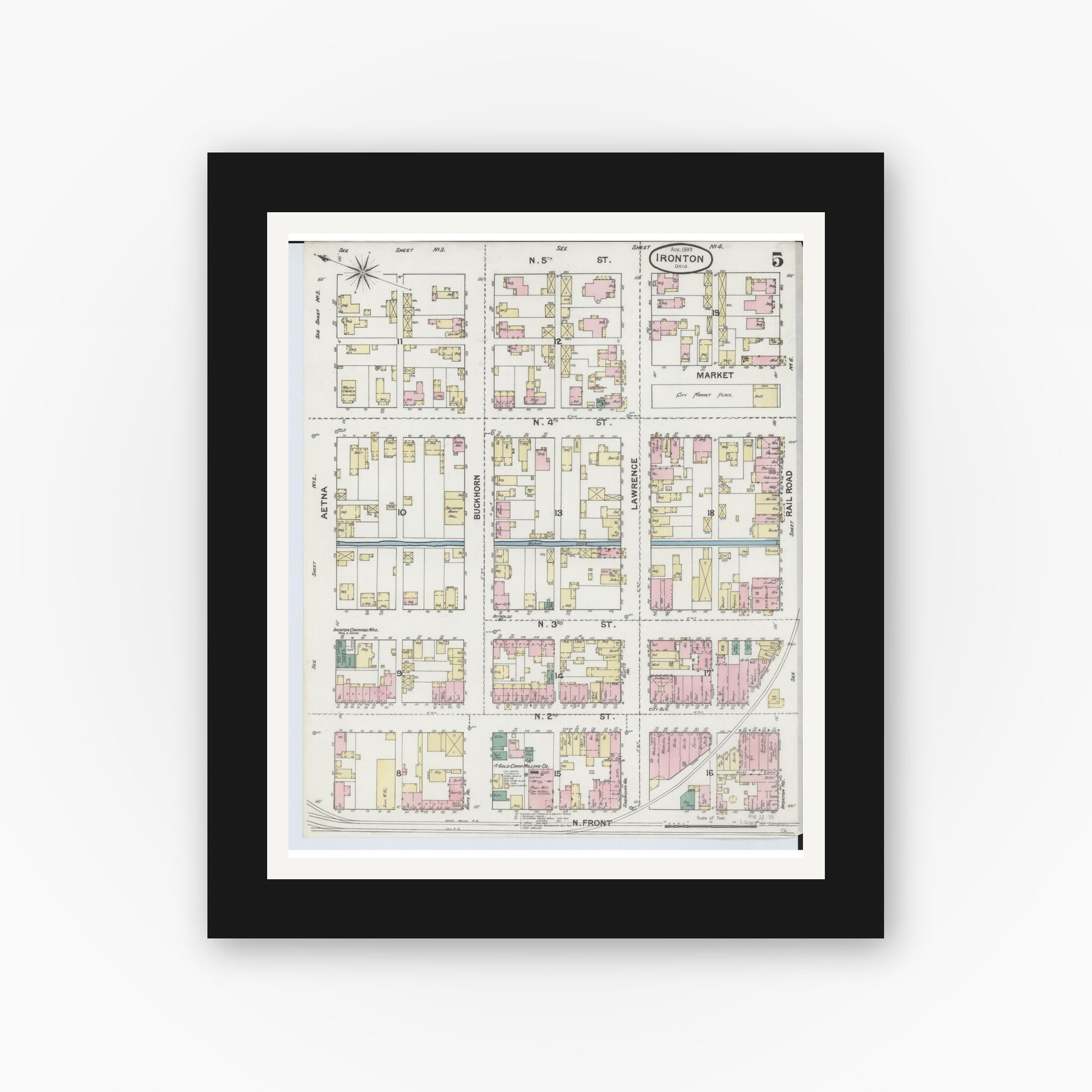 Old map wall art mockup — black gallery frame with white mat — Sanborn Fire Insurance Map from Ironton, Lawrence County, Ohio (1889), Sheet #0005