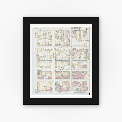 Old map wall art mockup — black gallery frame with white mat — Sanborn Fire Insurance Map from Ironton, Lawrence County, Ohio (1889), Sheet #0005