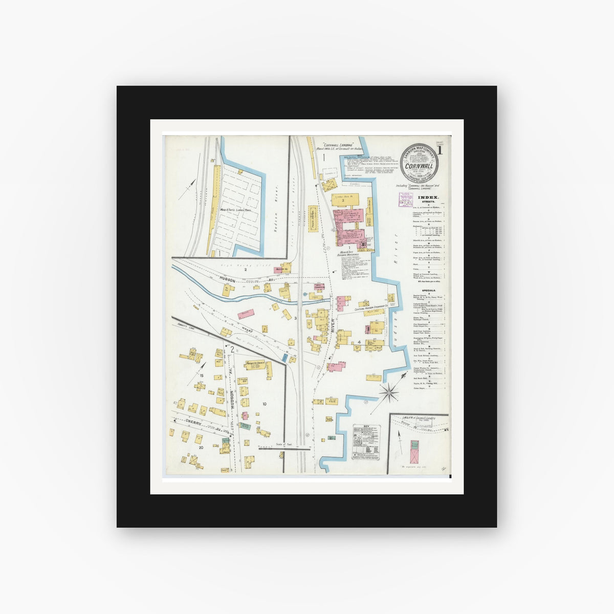 Old map wall art mockup — black gallery frame with white mat — Sanborn Fire Insurance Map from Cornwall, Orange County, New York (1905), Sheet #0001
