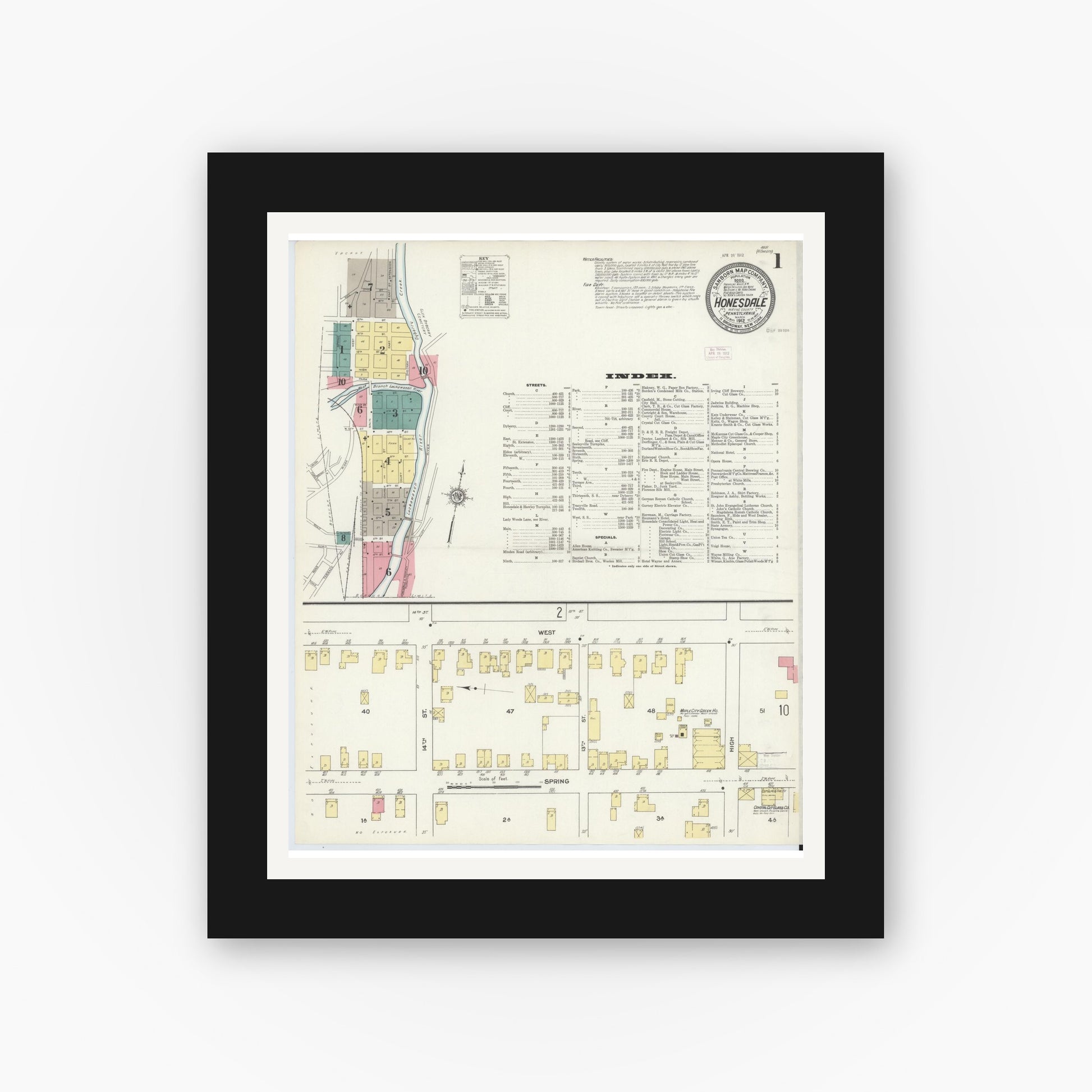 Old map wall art mockup — black gallery frame with white mat — Sanborn Fire Insurance Map from Honesdale, Wayne County, Pennsylvania (1912) - Complete Map Set
