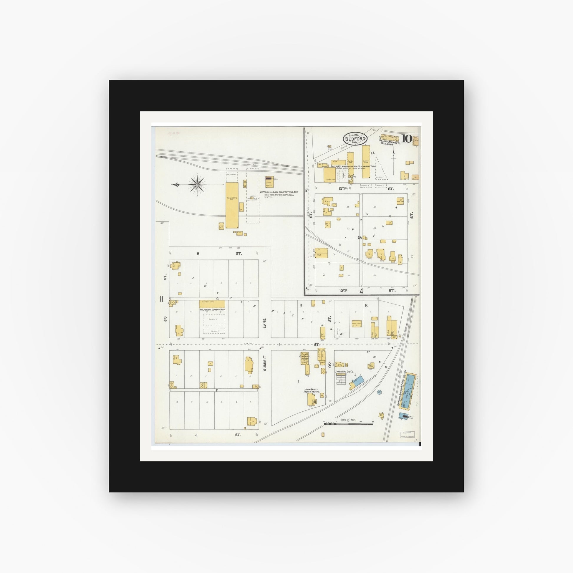 Old map wall art mockup — black gallery frame with white mat — Sanborn Fire Insurance Map from Bedford, Lawrence County, Indiana (1904), Sheet #0010