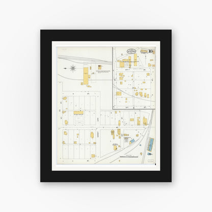 Old map wall art mockup — black gallery frame with white mat — Sanborn Fire Insurance Map from Bedford, Lawrence County, Indiana (1904), Sheet #0010