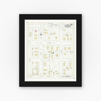 Old map wall art mockup — black gallery frame with white mat — Sanborn Fire Insurance Map from Fergus Falls, Otter Tail County, Minnesota (1915), Sheet #0014