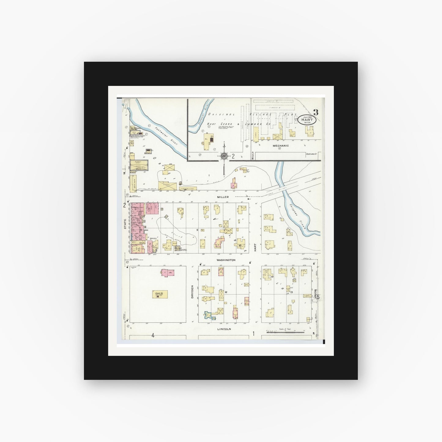 Old map wall art mockup — black gallery frame with white mat — Sanborn Fire Insurance Map from Hart, Oceana County, Michigan (1910), Sheet #0003