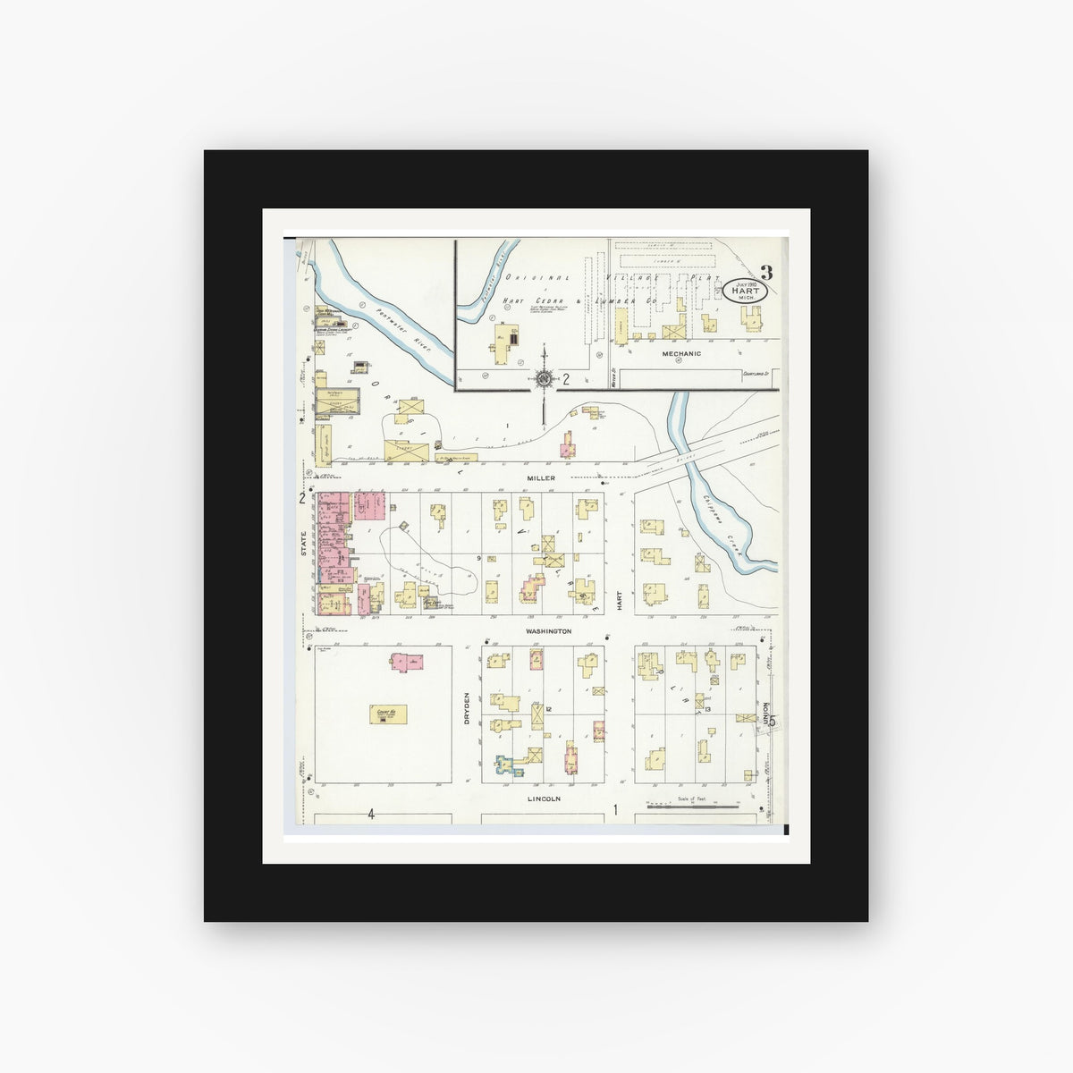 Old map wall art mockup — black gallery frame with white mat — Sanborn Fire Insurance Map from Hart, Oceana County, Michigan (1910), Sheet #0003