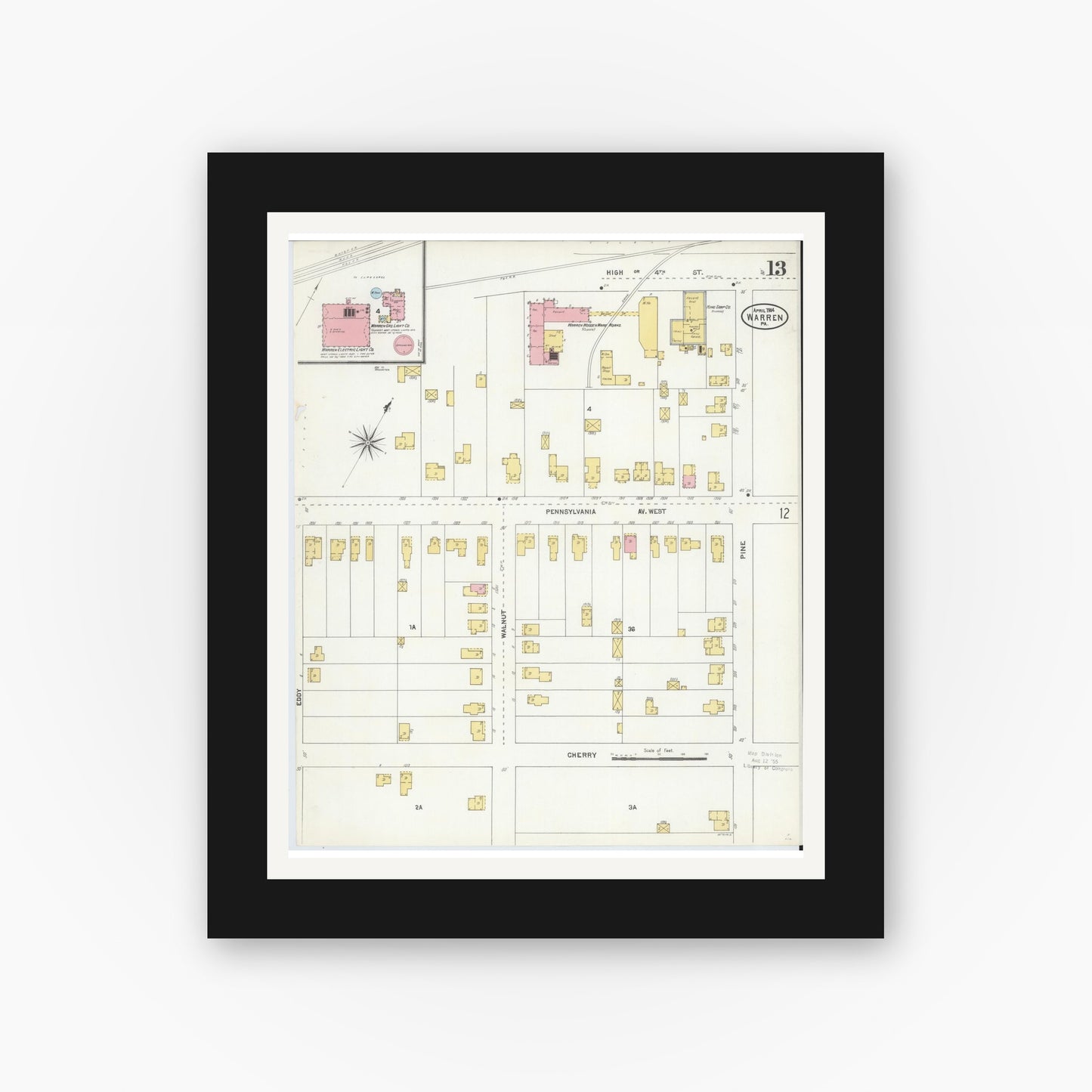 Old map wall art mockup — black gallery frame with white mat — Sanborn Fire Insurance Map from Warren, Warren County, Pennsylvania (1904), Sheet #0013