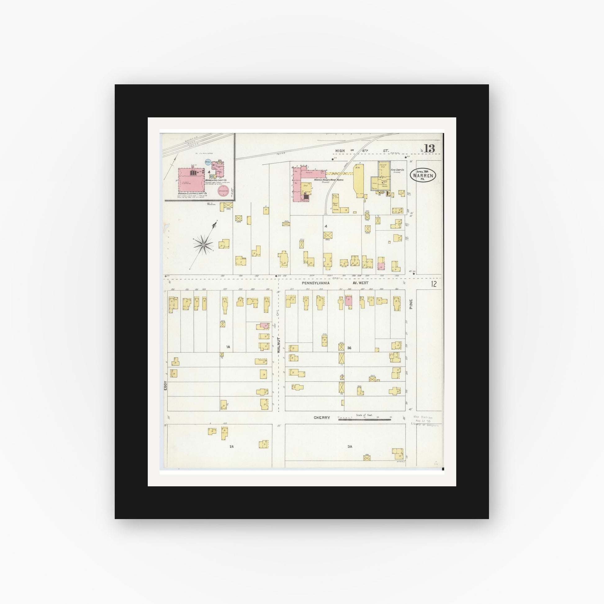 Old map wall art mockup — black gallery frame with white mat — Sanborn Fire Insurance Map from Warren, Warren County, Pennsylvania (1904), Sheet #0013