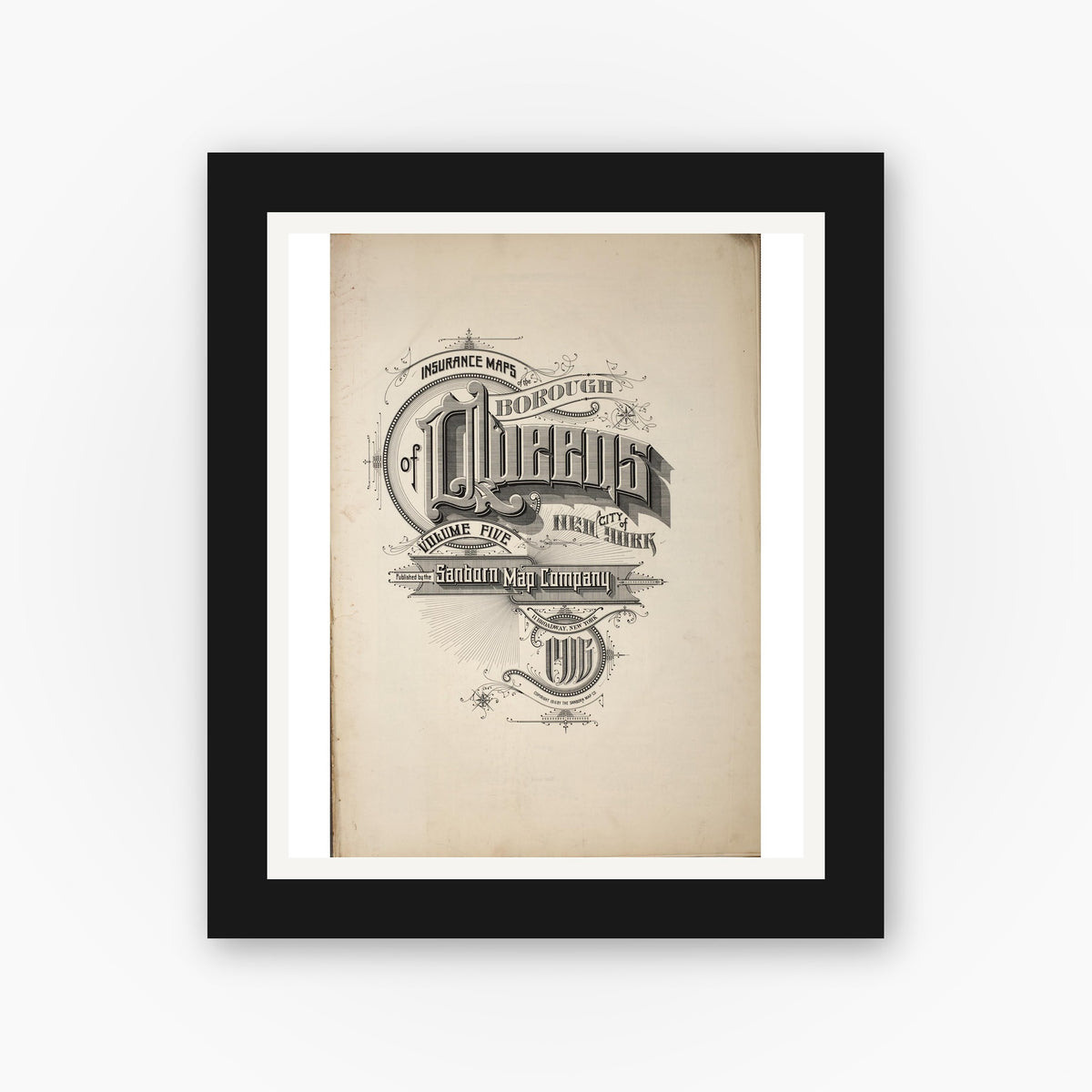 Old map wall art mockup — black gallery frame with white mat — Sanborn Fire Insurance Map from Queens, Queens County, New York (1916), Sheet #0001