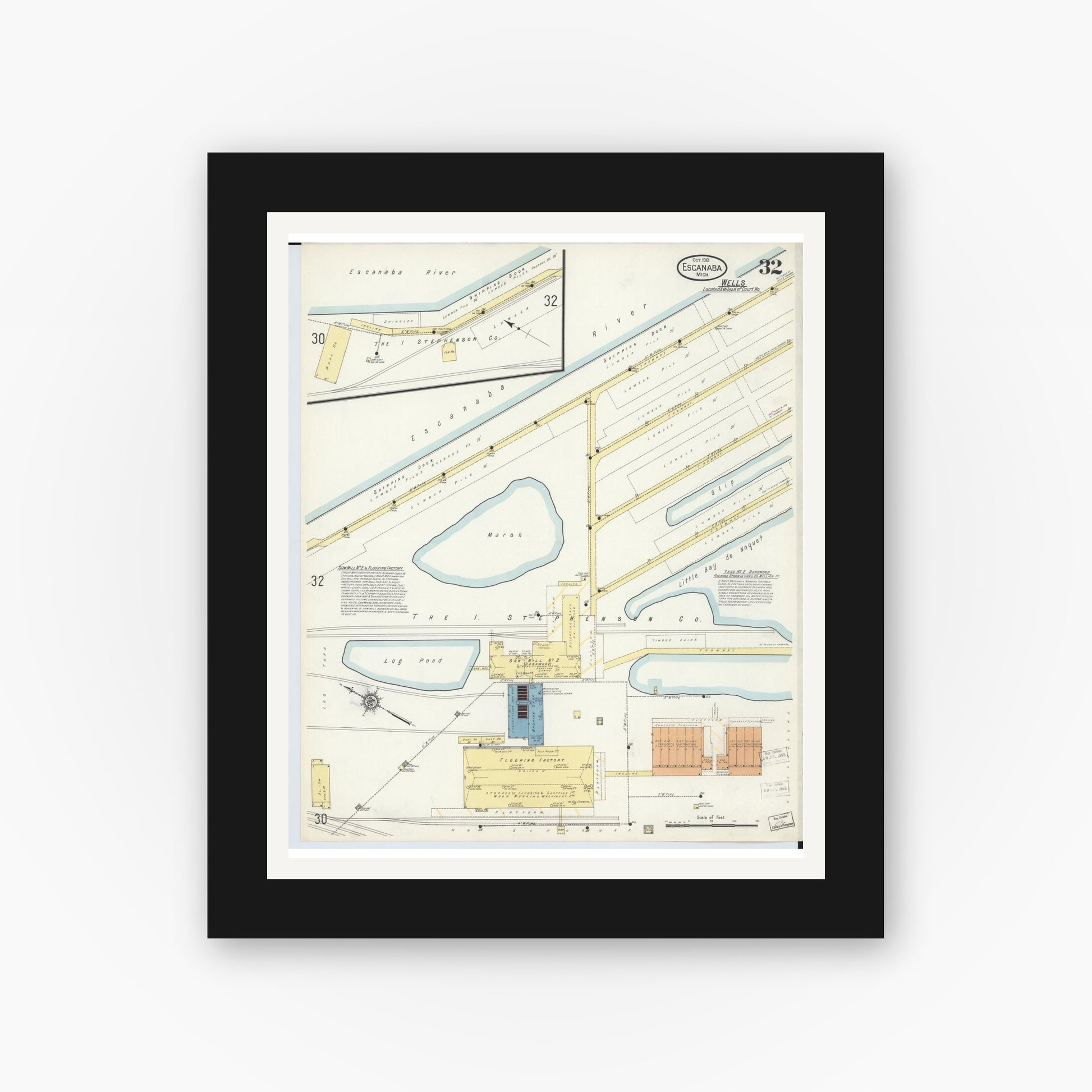 Old map wall art mockup — black gallery frame with white mat — Sanborn Fire Insurance Map from Escanaba, Delta County, Michigan (1913), Sheet #0032