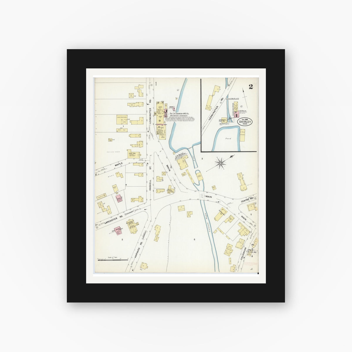 Old map wall art mockup — black gallery frame with white mat — Sanborn Fire Insurance Map from Shirley, Middlesex County, Massachusetts (1908), Sheet #0002