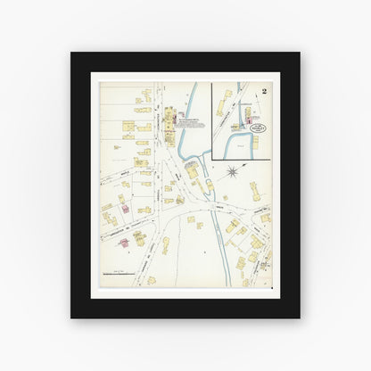 Old map wall art mockup — black gallery frame with white mat — Sanborn Fire Insurance Map from Shirley, Middlesex County, Massachusetts (1908), Sheet #0002