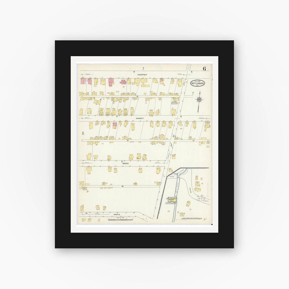 Old map wall art mockup — black gallery frame with white mat — Sanborn Fire Insurance Map from Mifflinburg, Union County, Pennsylvania (1913), Sheet #0006