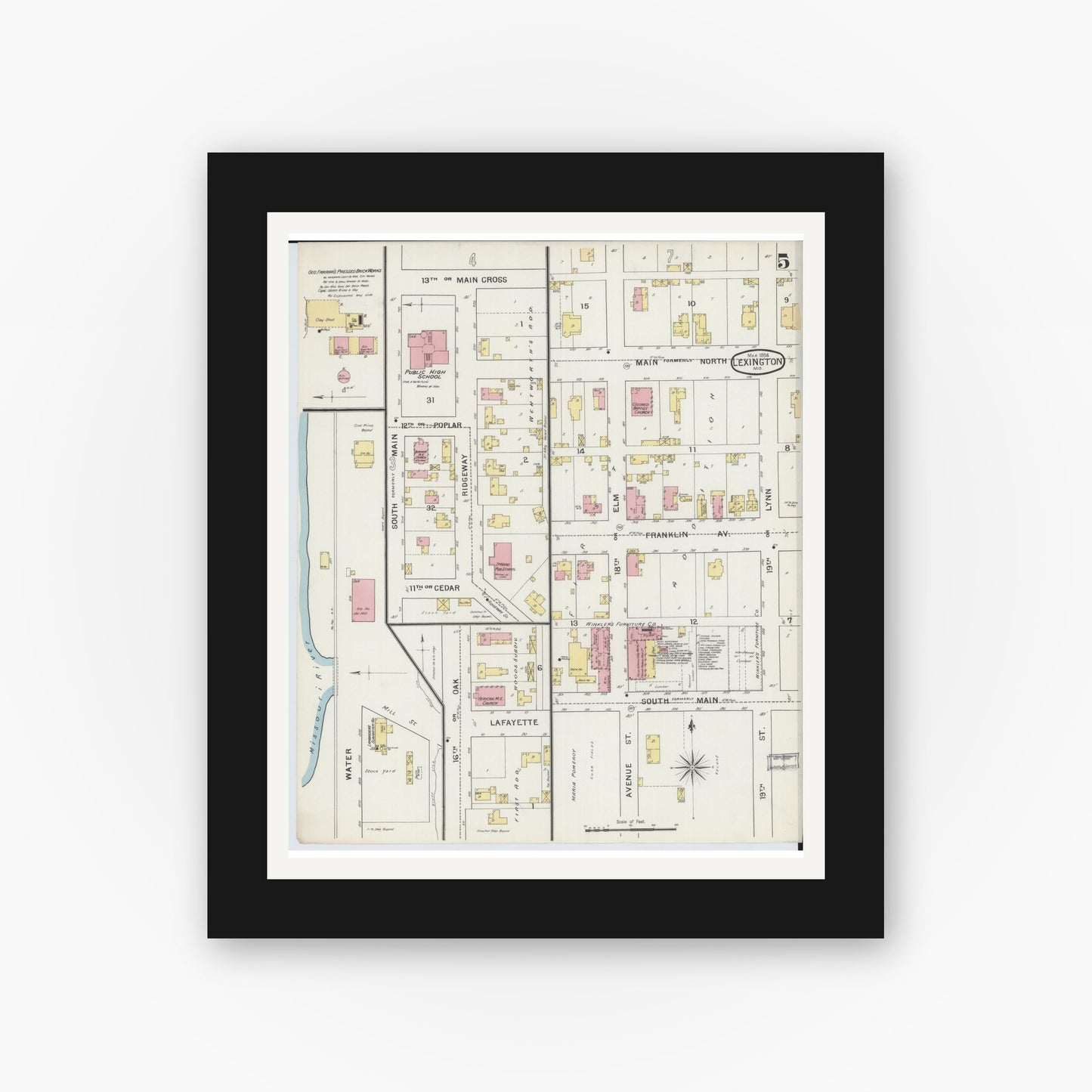 Old map wall art mockup — black gallery frame with white mat — Sanborn Fire Insurance Map from Lexington, Lafayette County, Missouri (1894), Sheet #0005