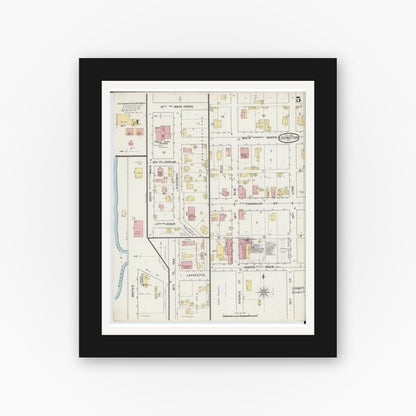 Old map wall art mockup — black gallery frame with white mat — Sanborn Fire Insurance Map from Lexington, Lafayette County, Missouri (1894), Sheet #0005