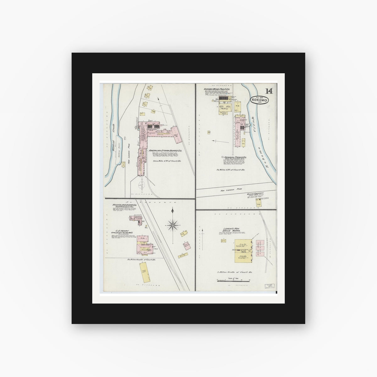 Old map wall art mockup — black gallery frame with white mat — Sanborn Fire Insurance Map from Kokomo, Howard County, Indiana (1889), Sheet #0014