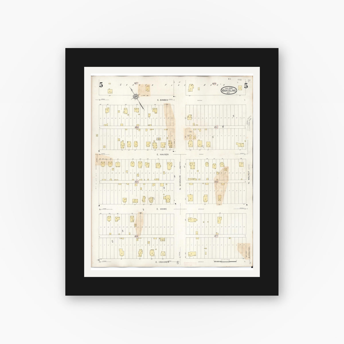 Old map wall art mockup — black gallery frame with white mat — Sanborn Fire Insurance Map from Marceline, Linn County, Missouri (1939), Sheet #0005