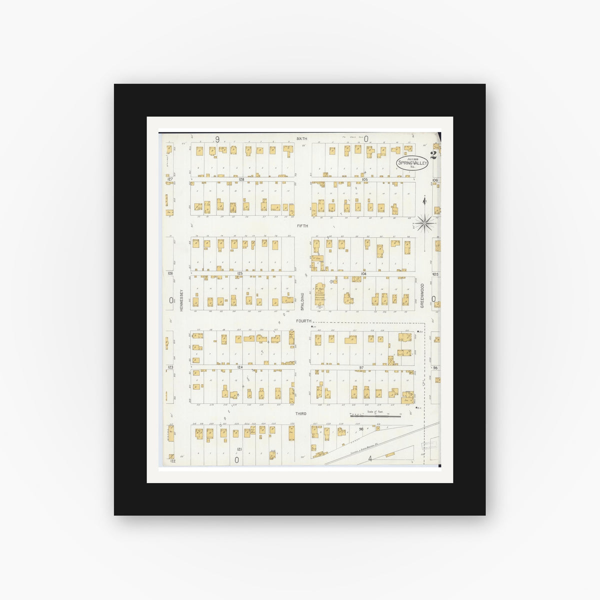 Old map wall art mockup — black gallery frame with white mat — Sanborn Fire Insurance Map from Spring Valley, Bureau County, Illinois (1906), Sheet #0002
