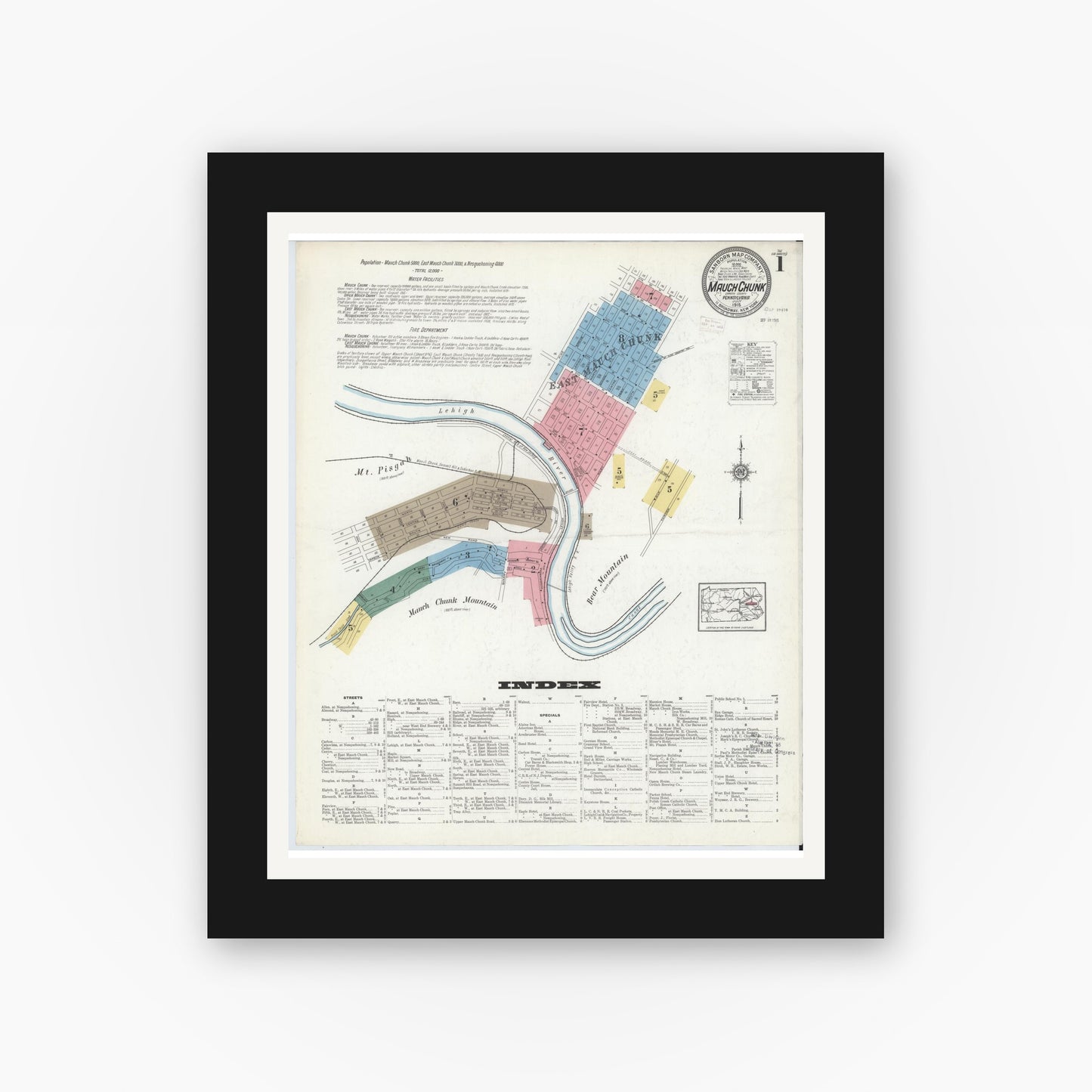 Old map wall art mockup — black gallery frame with white mat — Sanborn Fire Insurance Map from Mauch Chunk, Carbon County, Pennsylvania (1915), Sheet #0001