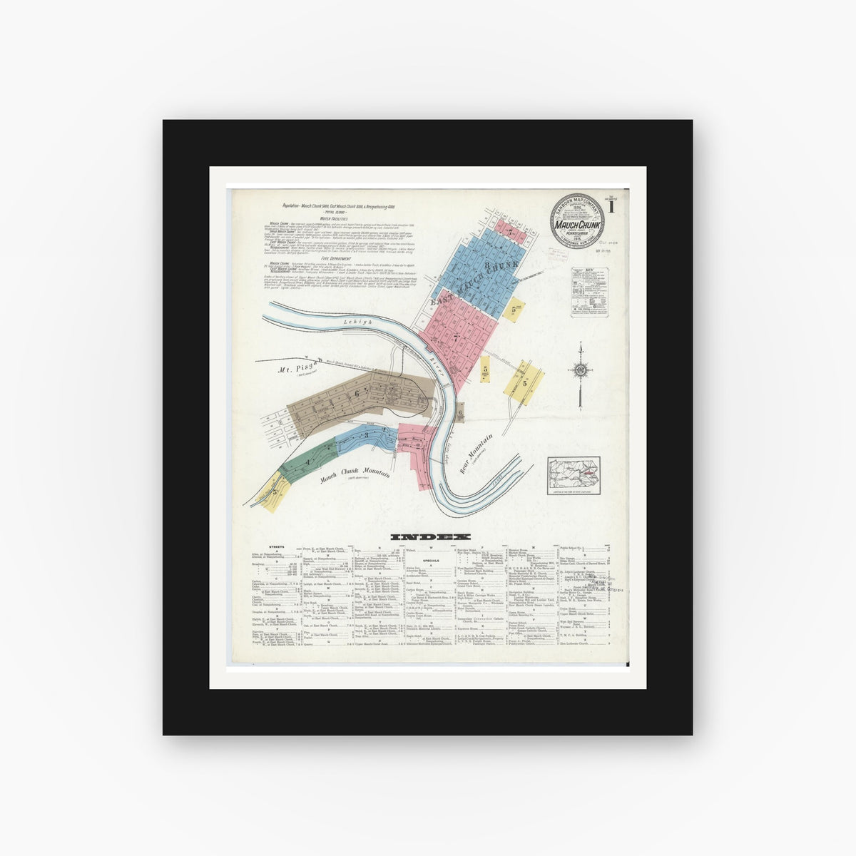 Old map wall art mockup — black gallery frame with white mat — Sanborn Fire Insurance Map from Mauch Chunk, Carbon County, Pennsylvania (1915), Sheet #0001