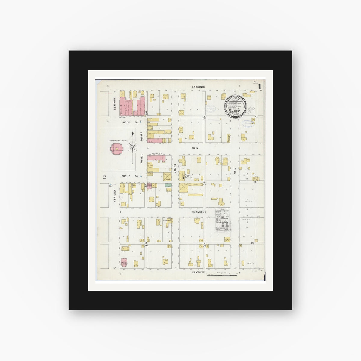 Old map wall art mockup — black gallery frame with white mat — Sanborn Fire Insurance Map from Toledo, Cumberland County, Illinois (1898), Sheet #0001