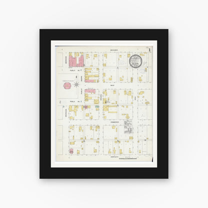 Old map wall art mockup — black gallery frame with white mat — Sanborn Fire Insurance Map from Toledo, Cumberland County, Illinois (1898), Sheet #0001