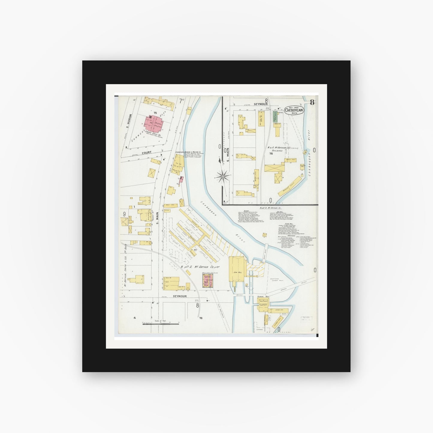 Old map wall art mockup — black gallery frame with white mat — Sanborn Fire Insurance Map from Cheboygan, Cheboygan County, Michigan (1900), Sheet #0008