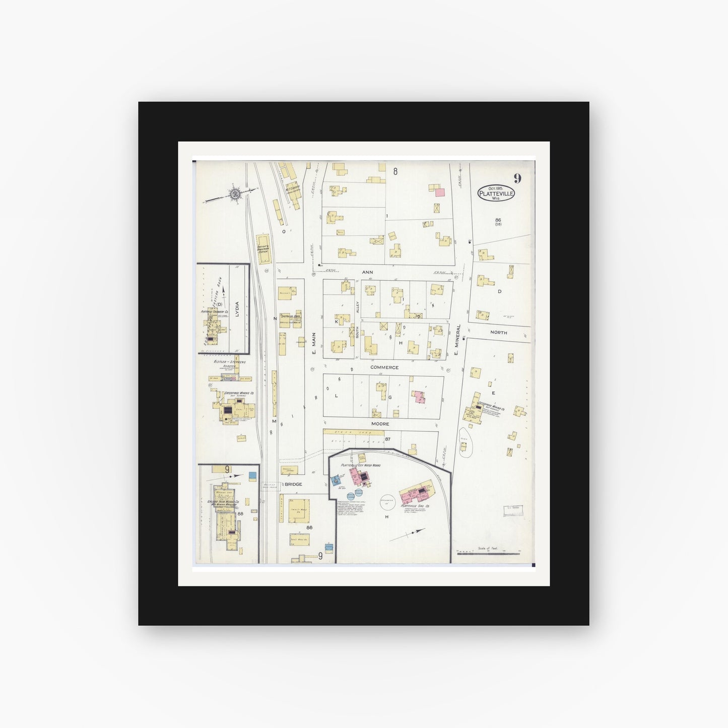 Old map wall art mockup — black gallery frame with white mat — Sanborn Fire Insurance Map from Platteville, Grant County, Wisconsin (1915), Sheet #0009
