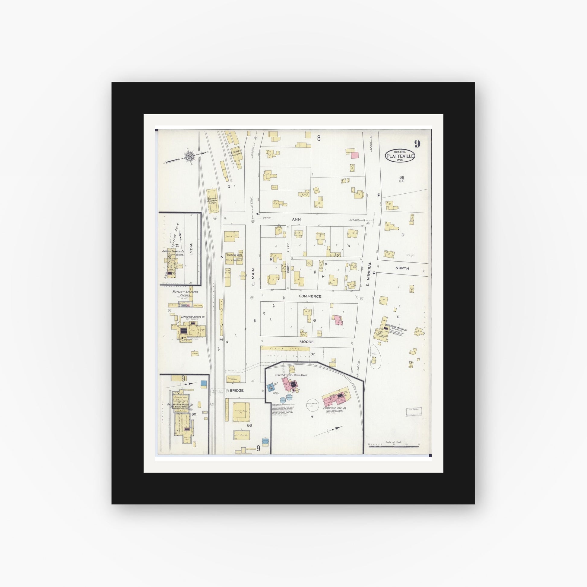 Old map wall art mockup — black gallery frame with white mat — Sanborn Fire Insurance Map from Platteville, Grant County, Wisconsin (1915), Sheet #0009