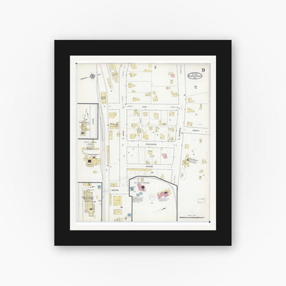 Old map wall art mockup — black gallery frame with white mat — Sanborn Fire Insurance Map from Platteville, Grant County, Wisconsin (1915), Sheet #0009