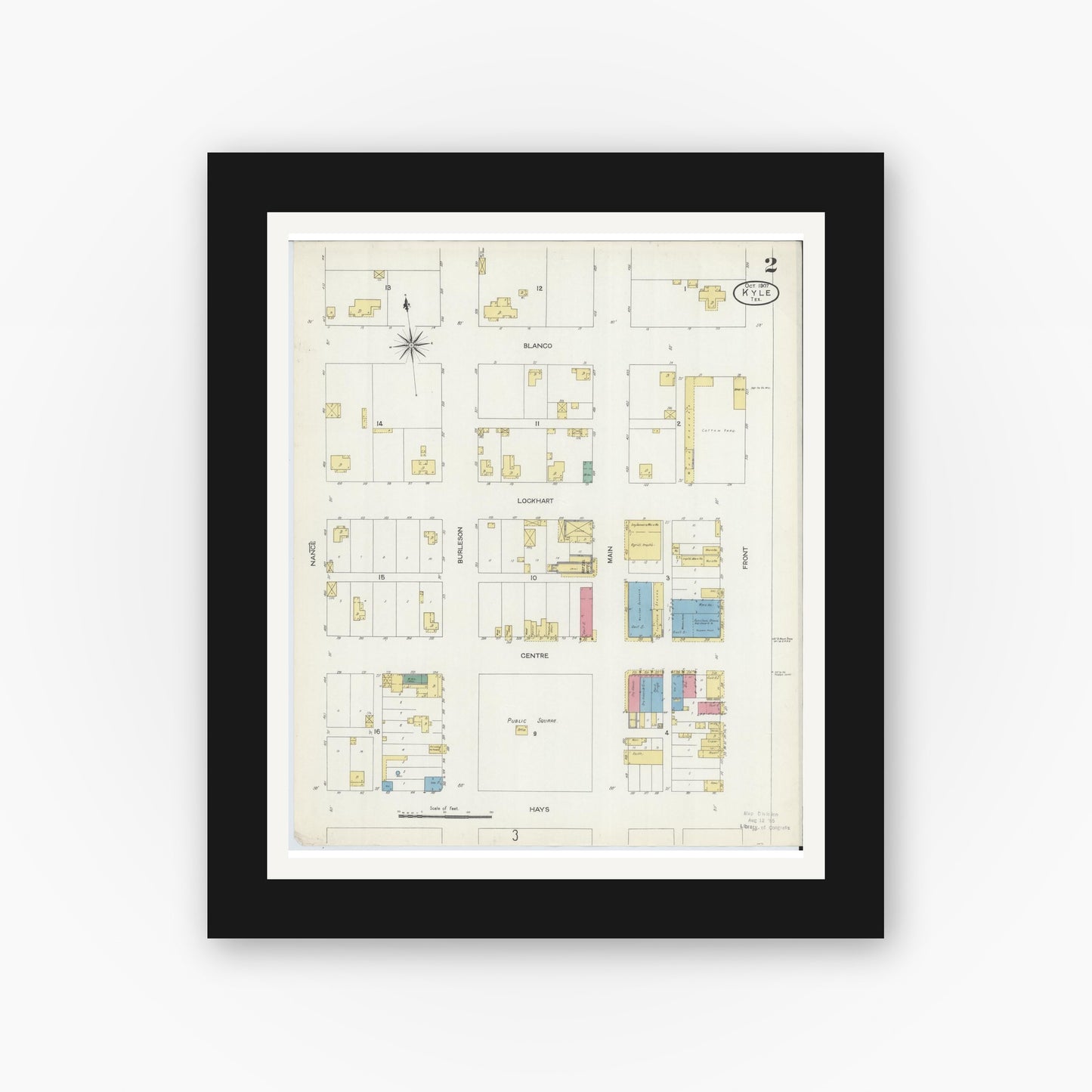 Old map wall art mockup — black gallery frame with white mat — Sanborn Fire Insurance Map from Kyle, Hays County, Texas (1907), Sheet #0002