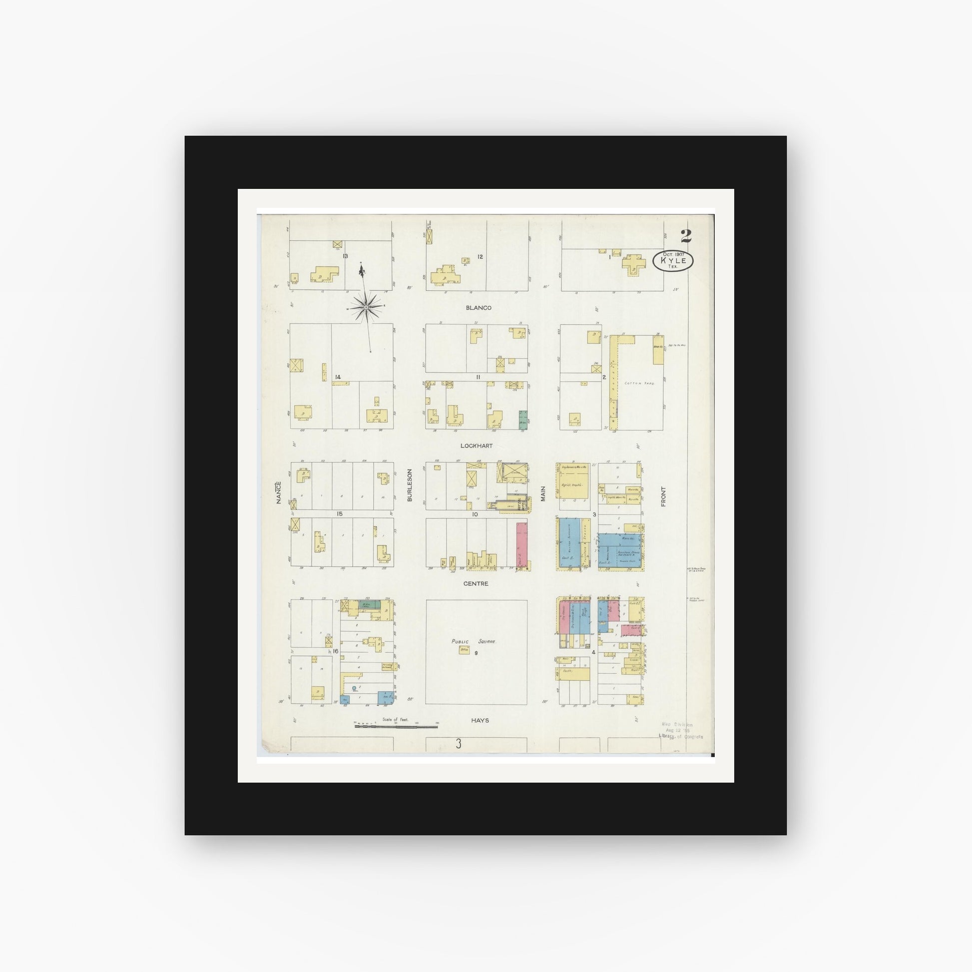 Old map wall art mockup — black gallery frame with white mat — Sanborn Fire Insurance Map from Kyle, Hays County, Texas (1907), Sheet #0002
