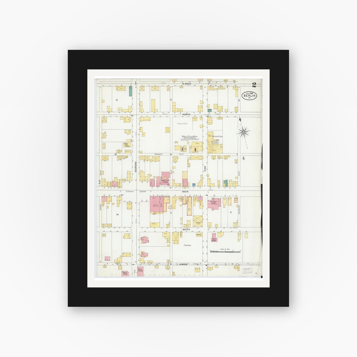 Old map wall art mockup — black gallery frame with white mat — Sanborn Fire Insurance Map from Berlin, Somerset County, Pennsylvania (1905), Sheet #0002