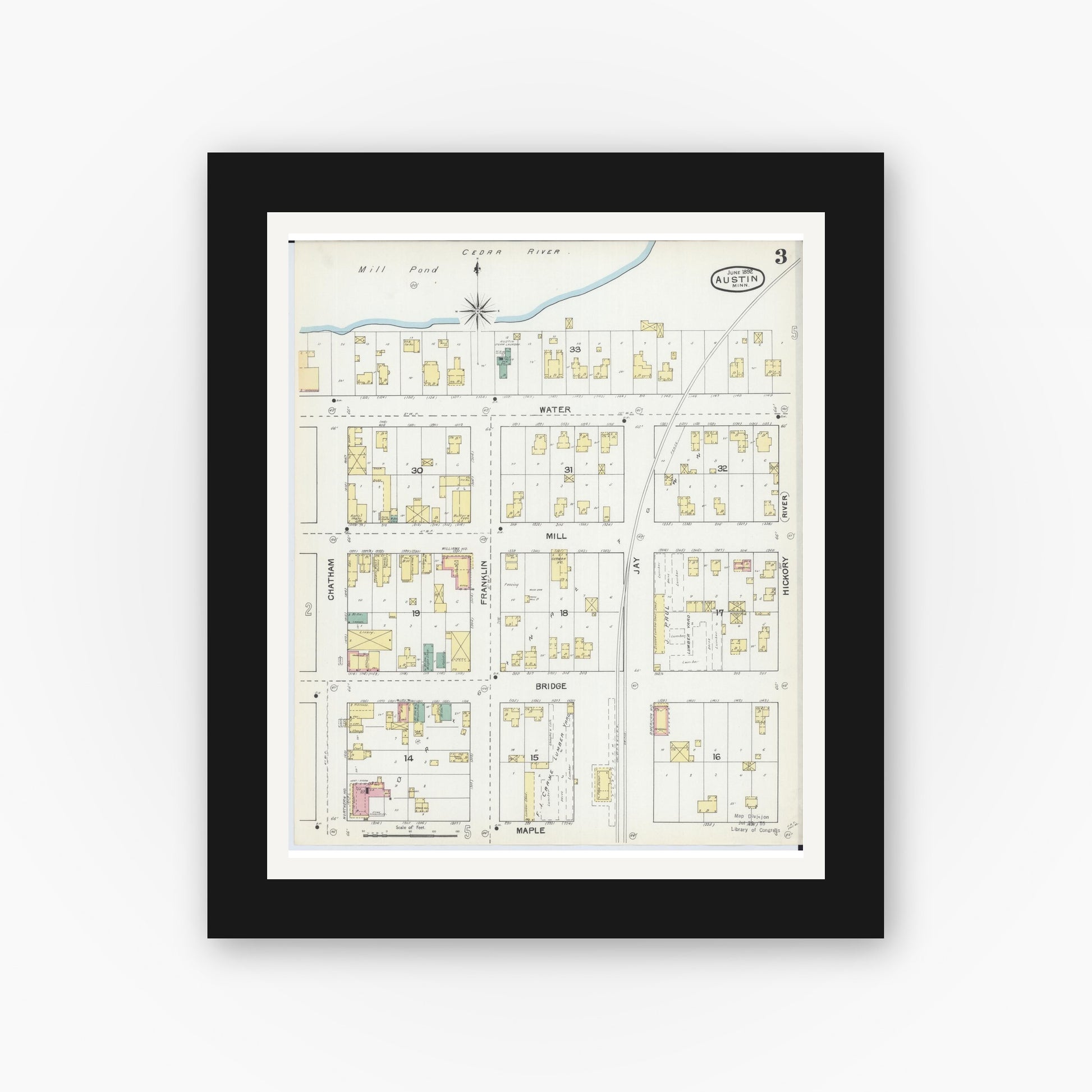 Old map wall art mockup — black gallery frame with white mat — Sanborn Fire Insurance Map from Austin, Mower County, Minnesota (1892), Sheet #0003