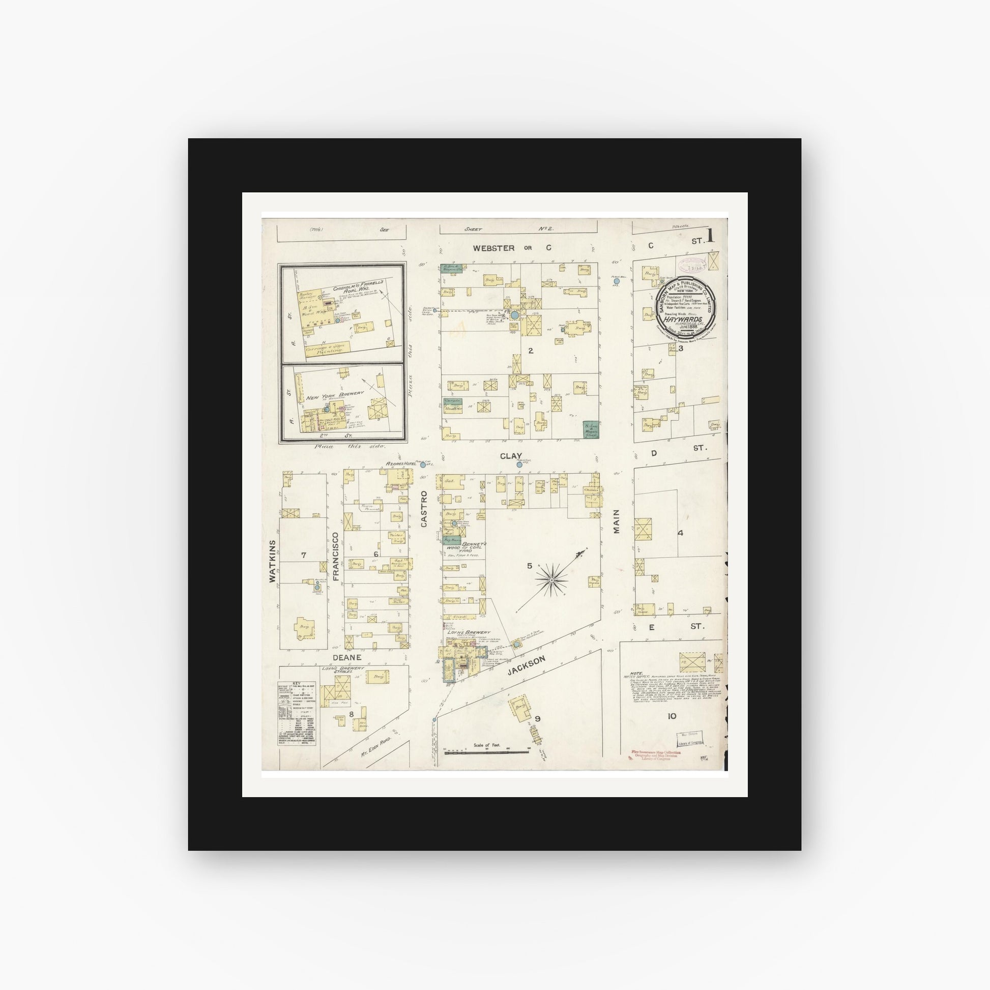 Old map wall art mockup — black gallery frame with white mat — Sanborn Fire Insurance Map from Hayward, Alameda County, California (1888) - Complete Map Set