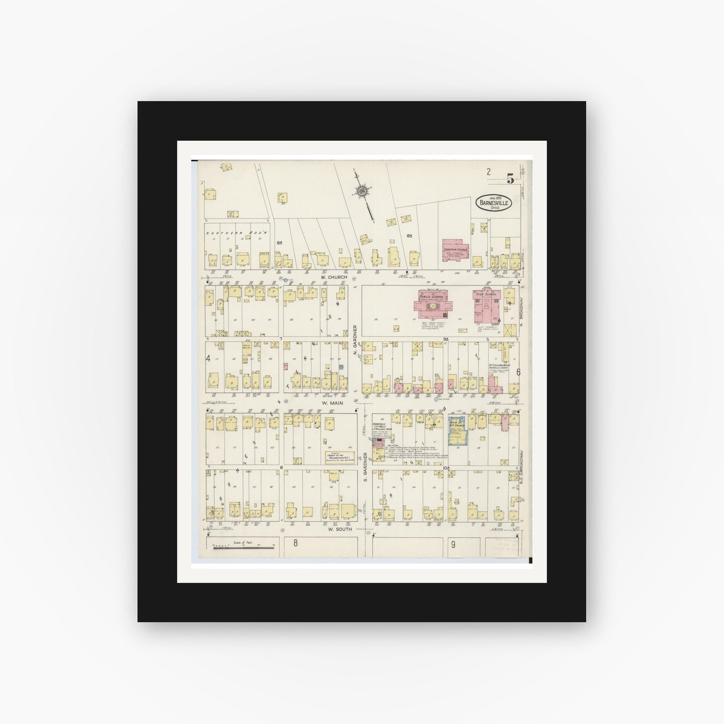 Old map wall art mockup — black gallery frame with white mat — Sanborn Fire Insurance Map from Barnesville, Belmont County, Ohio (1915), Sheet #0005