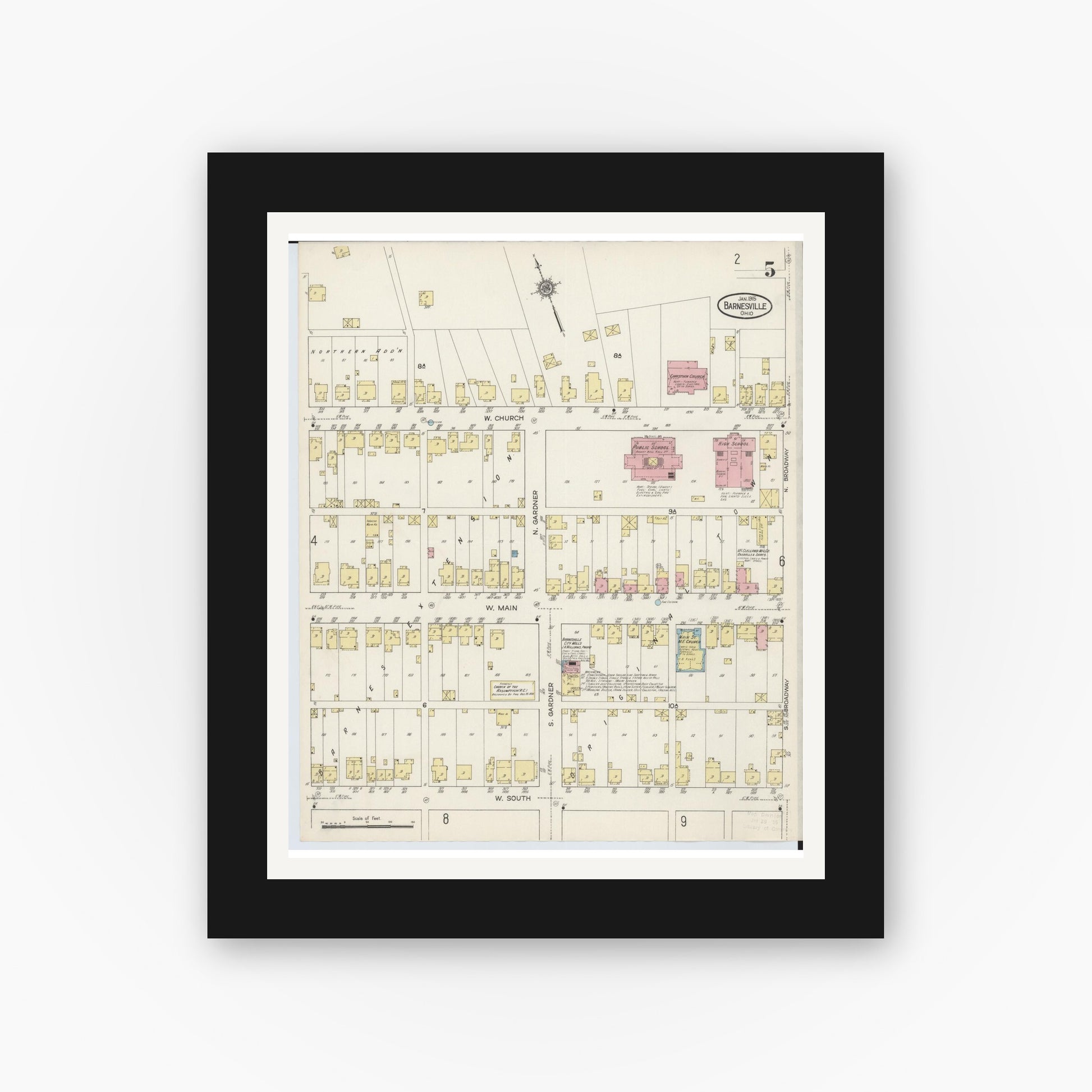 Old map wall art mockup — black gallery frame with white mat — Sanborn Fire Insurance Map from Barnesville, Belmont County, Ohio (1915), Sheet #0005